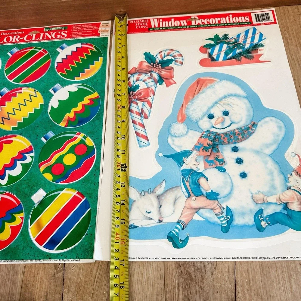 VTG 90's (2) Christmas Window Clings‎ Decals Snowman Elves Deer Ornaments